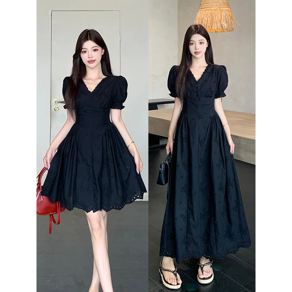 大码女装气质镂空拼接设计收腰小黑裙连衣裙