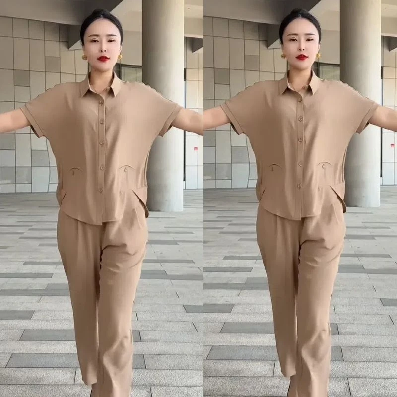 夏季短袖新款洋气显瘦套装纯色休闲大码宽松气质时尚舒适两件套
