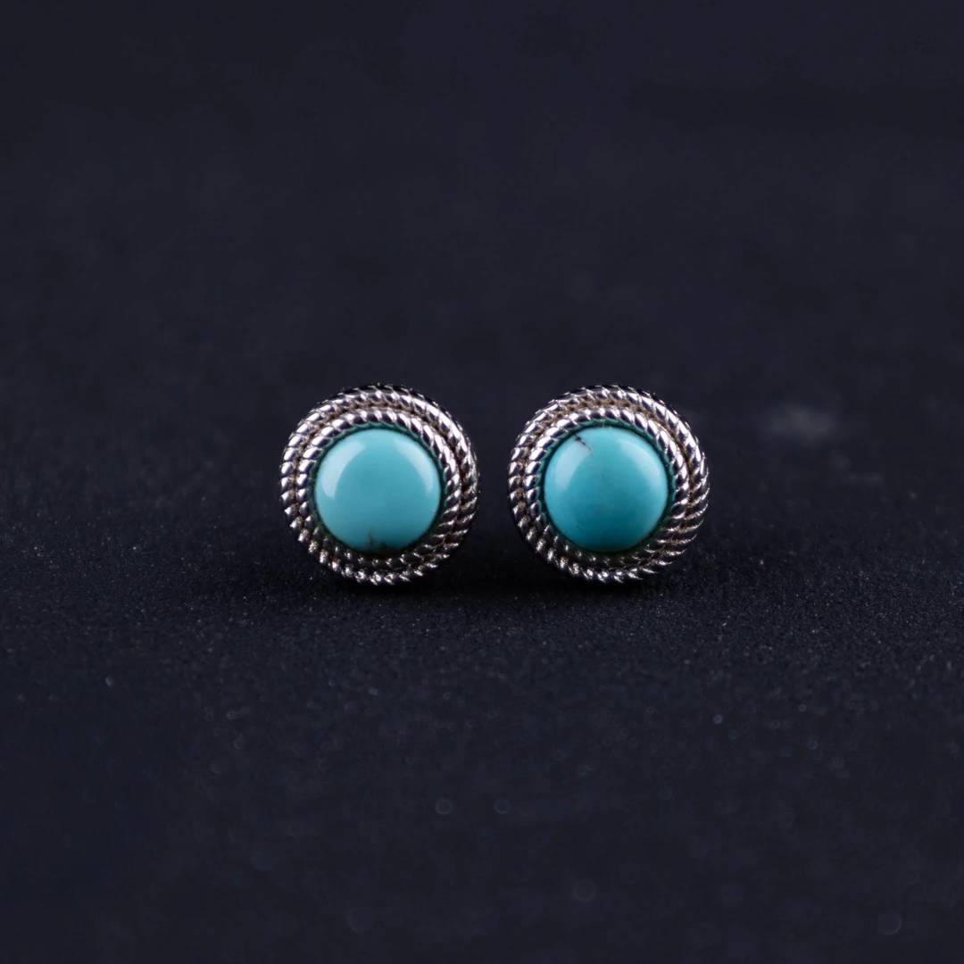 天然原矿绿松石镶嵌S925银小耳钉【同款多样性发货一对】