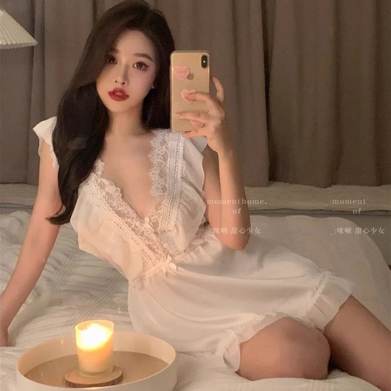【少女的梦】性感睡衣女夏季冰丝小胸纯欲蕾丝吊带裙睡裙家居服