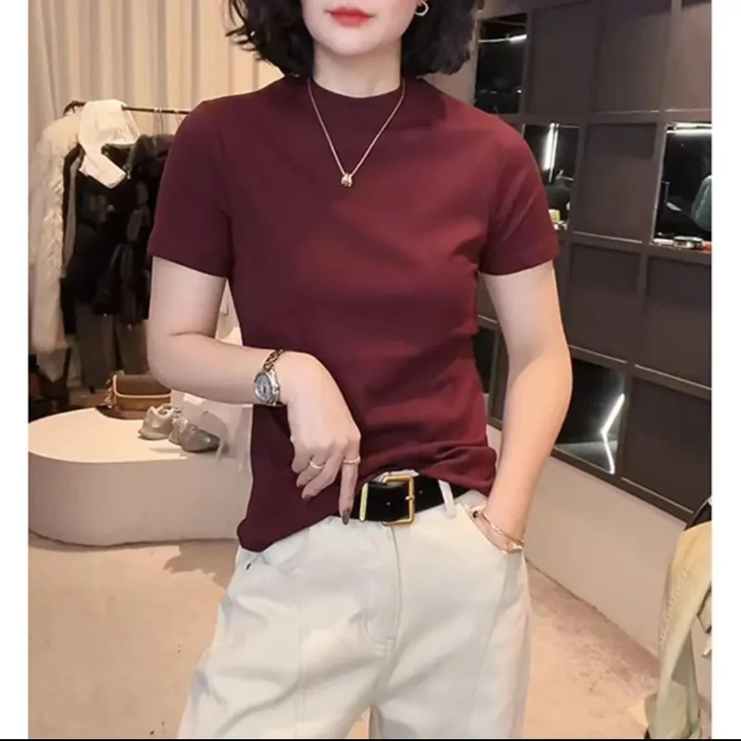 短袖2025新款极简风夏季女款纯棉纯色T恤洋气打底衫可爱风-001