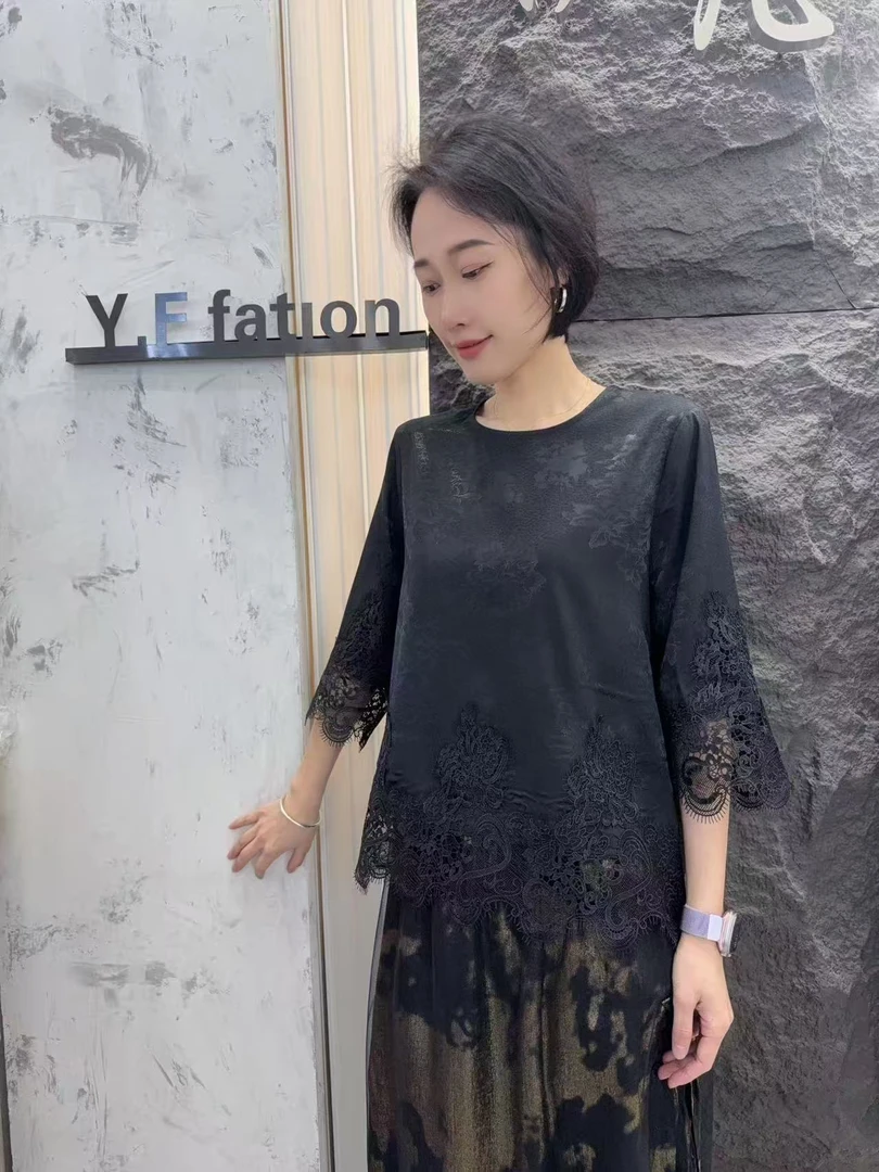 长袖蕾丝圆领防晒成人新中式衬衫黑色上衣重工女装时尚中袖