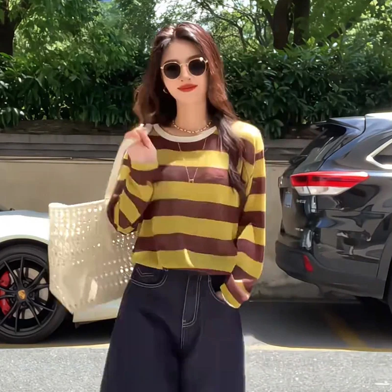 撞色条纹防晒罩衫女t恤2025早秋清凉透气穿搭韩系慵懒松弛感上衣