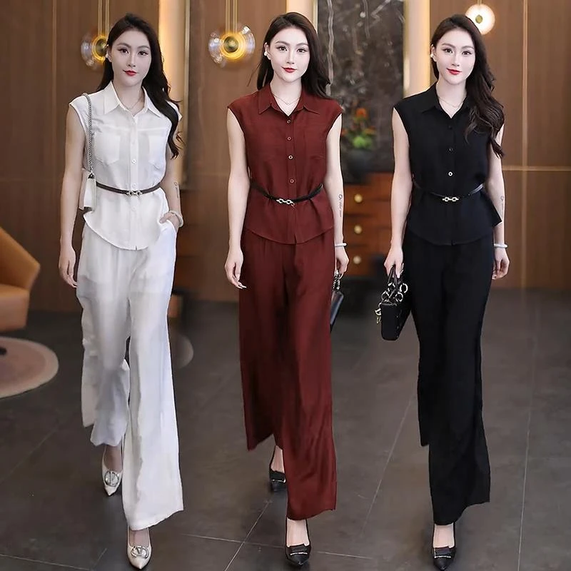 高级感套装女夏季2025新款时尚气质减龄无袖上衣阔腿裤显瘦两件套
