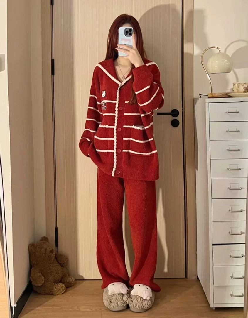 【圣诞帽KITTY】新针织半边绒冬季加厚海军领宽松家居服睡衣