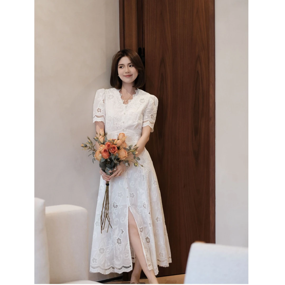 YANQI【智性浪漫】慵懒气质显瘦镂空拼接连衣裙YQ0135