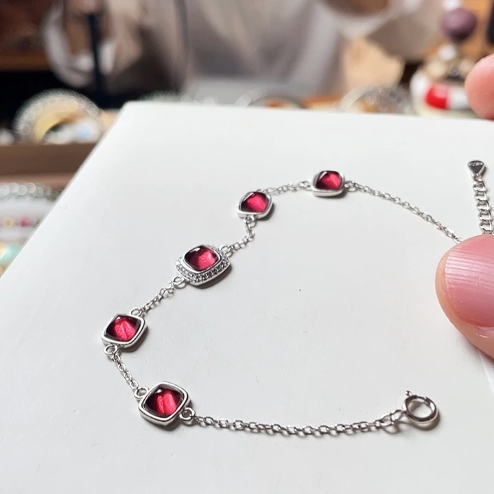 石榴石手链银S925镶嵌浆果红