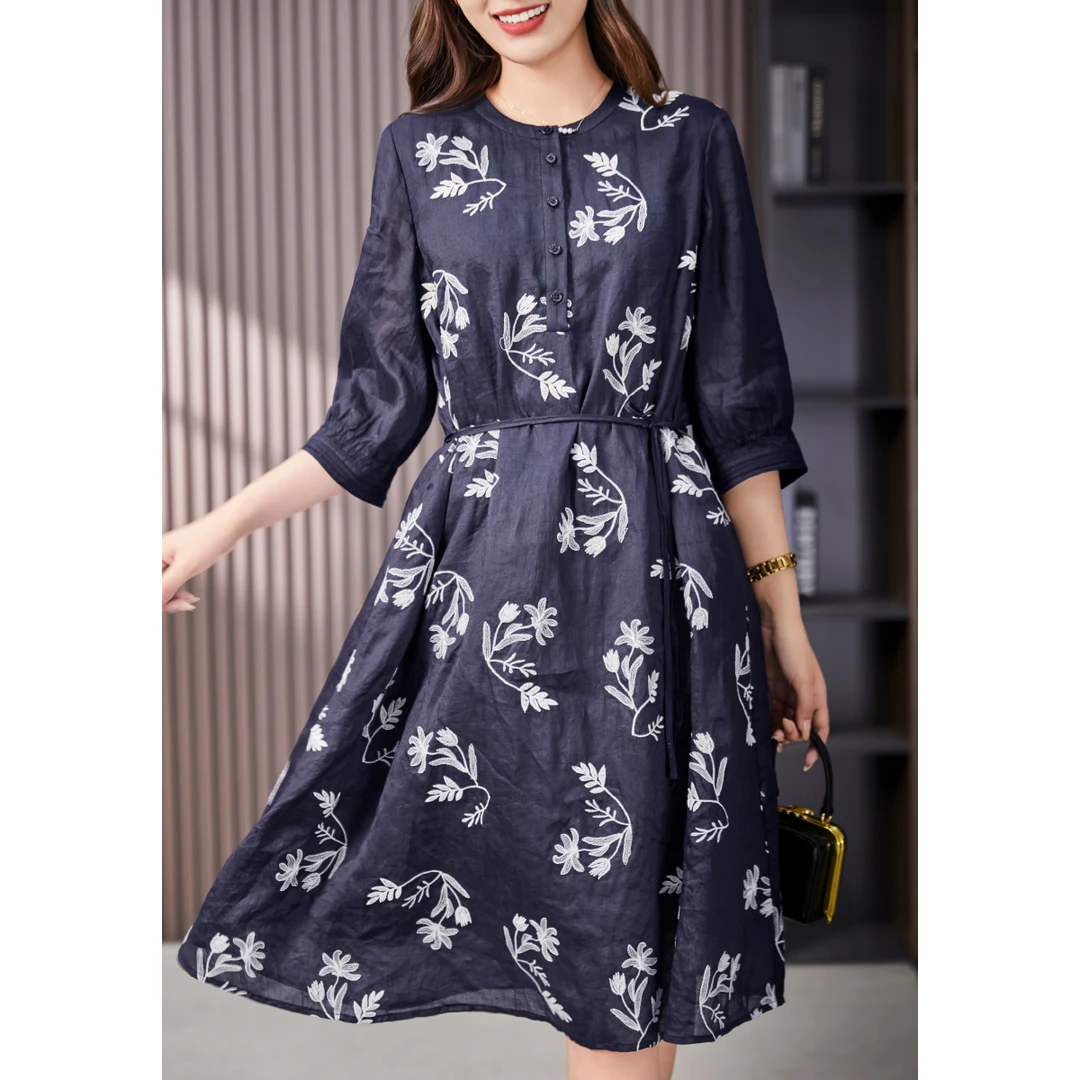 原形设计感提花苎麻连衣裙女2025夏季气质优雅系带收腰裙90115