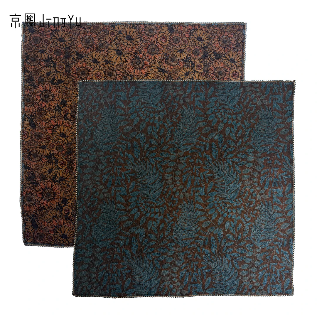 京榆 丨韵叶花季丨双面异花桑蚕丝绵羊毛薯莨染复古花边围巾65cm