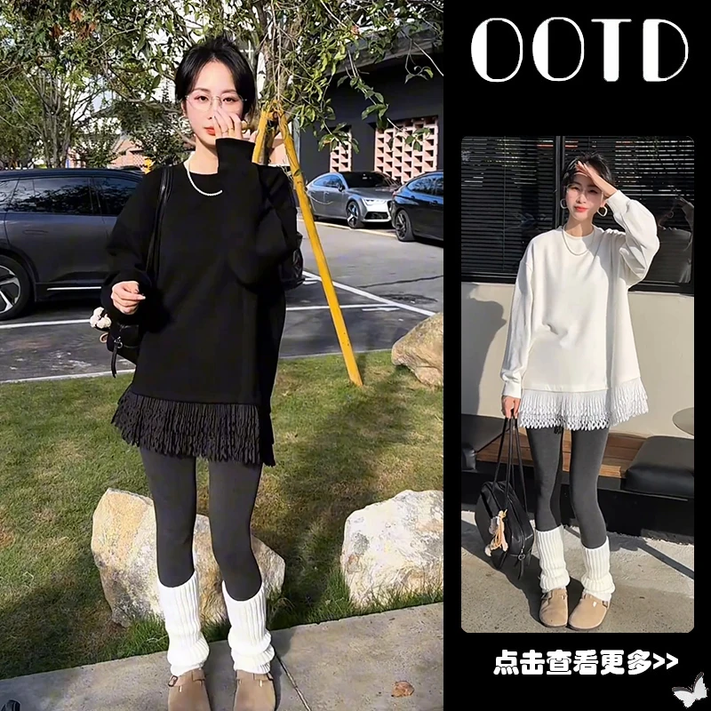 秋冬流行穿搭一整套女2025新款黑色圆领蕾丝卫衣百搭鲨鱼裤两件套