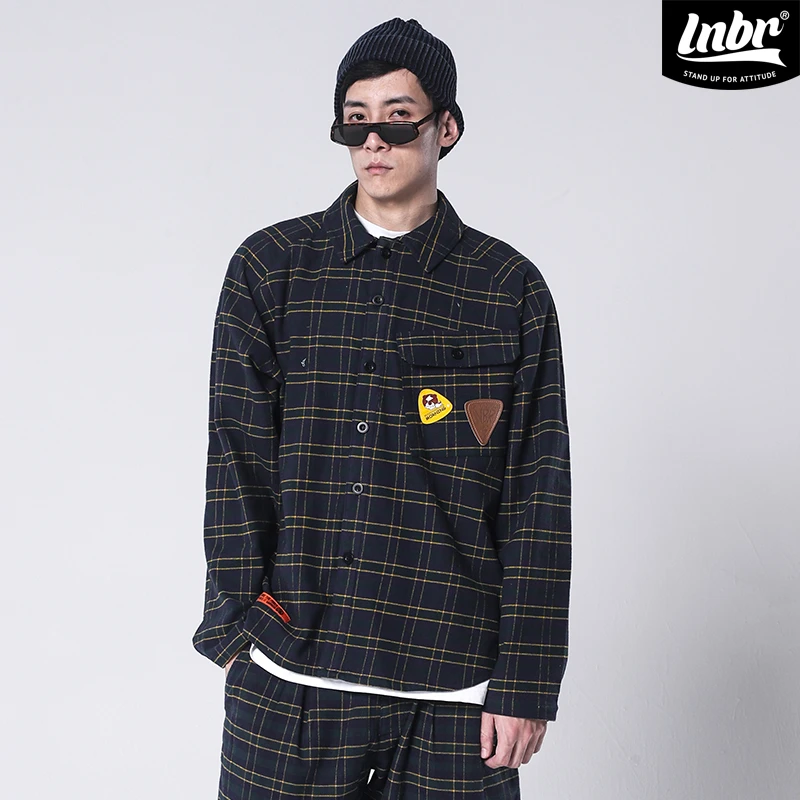 LNBR原创国潮秋季格子衬衫男宽松百搭外套个性嘻哈街头衬衣大码
