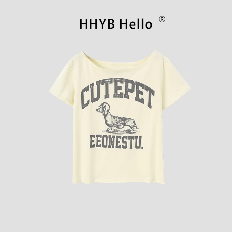HHYB Hello2025夏季新款斜肩印花棉T恤宽松百搭舒适上衣女250486