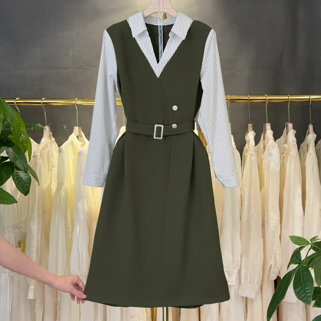 【RG5399】显瘦气质长袖时尚收腰假两件拼接撞色洋气法式新款连衣裙