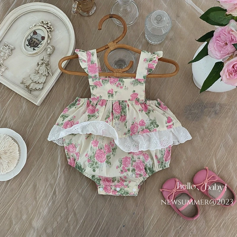 6987夏款韩版吊带碎花包屁哈裙新生儿夏季薄款三角哈衣爬服