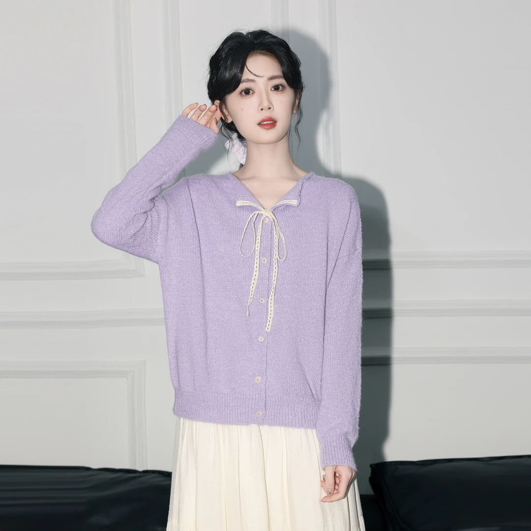 紫色V领毛衣外套女秋季2025春秋新款设计感蕾丝系带针织开衫上衣
