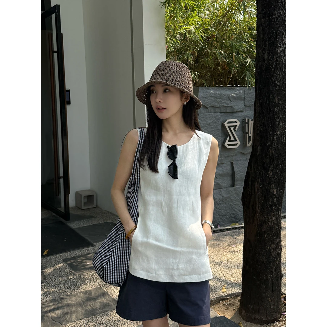 【尼斯白苑】“亚麻+天丝 ”高品质舒适肌理感百搭无袖背心打底10733