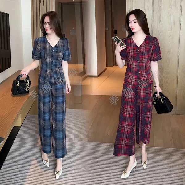 夏季新款穿搭气质显瘦时尚洋气休闲时尚格子减龄套装32