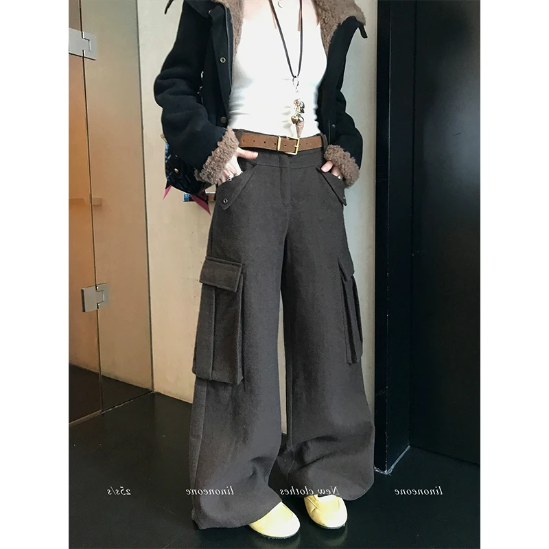 耶古美式棕色毛呢工装裤女秋冬季高腰宽松设计感大口袋加厚阔腿裤