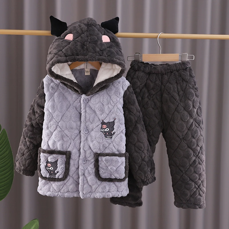 秋冬儿童睡衣加绒男童加厚夹棉中长款男孩中大童三层家居服套装