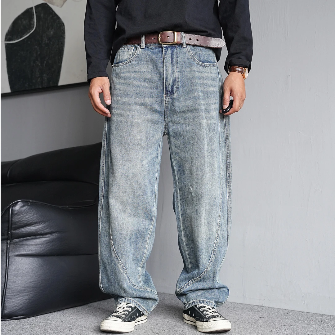 秋季美式复古痞帅水洗石磨拼接牛仔裤男直筒宽松质感通勤百搭长裤