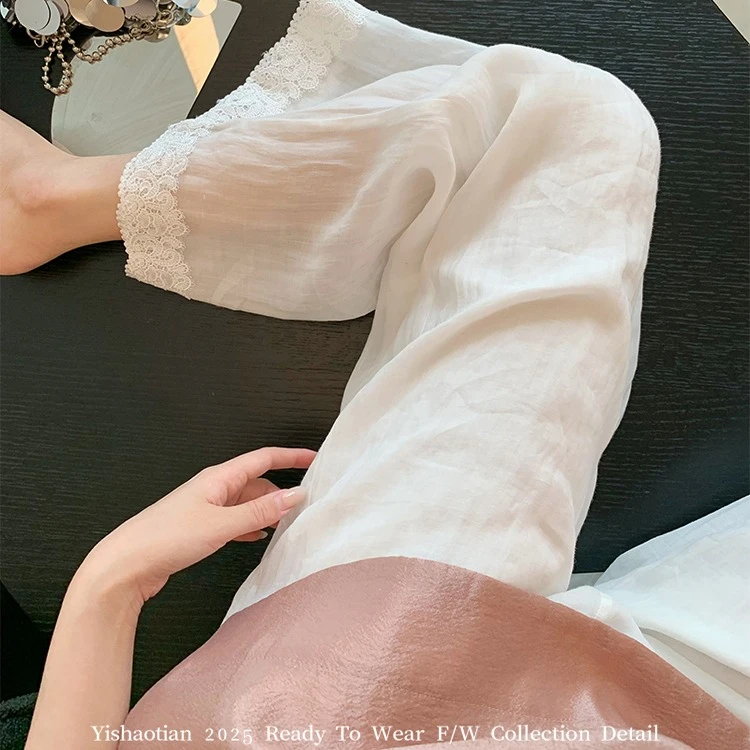 白色花边刺绣亚麻直筒阔腿裤女夏新款宽松显瘦慵懒简约百搭休闲裤