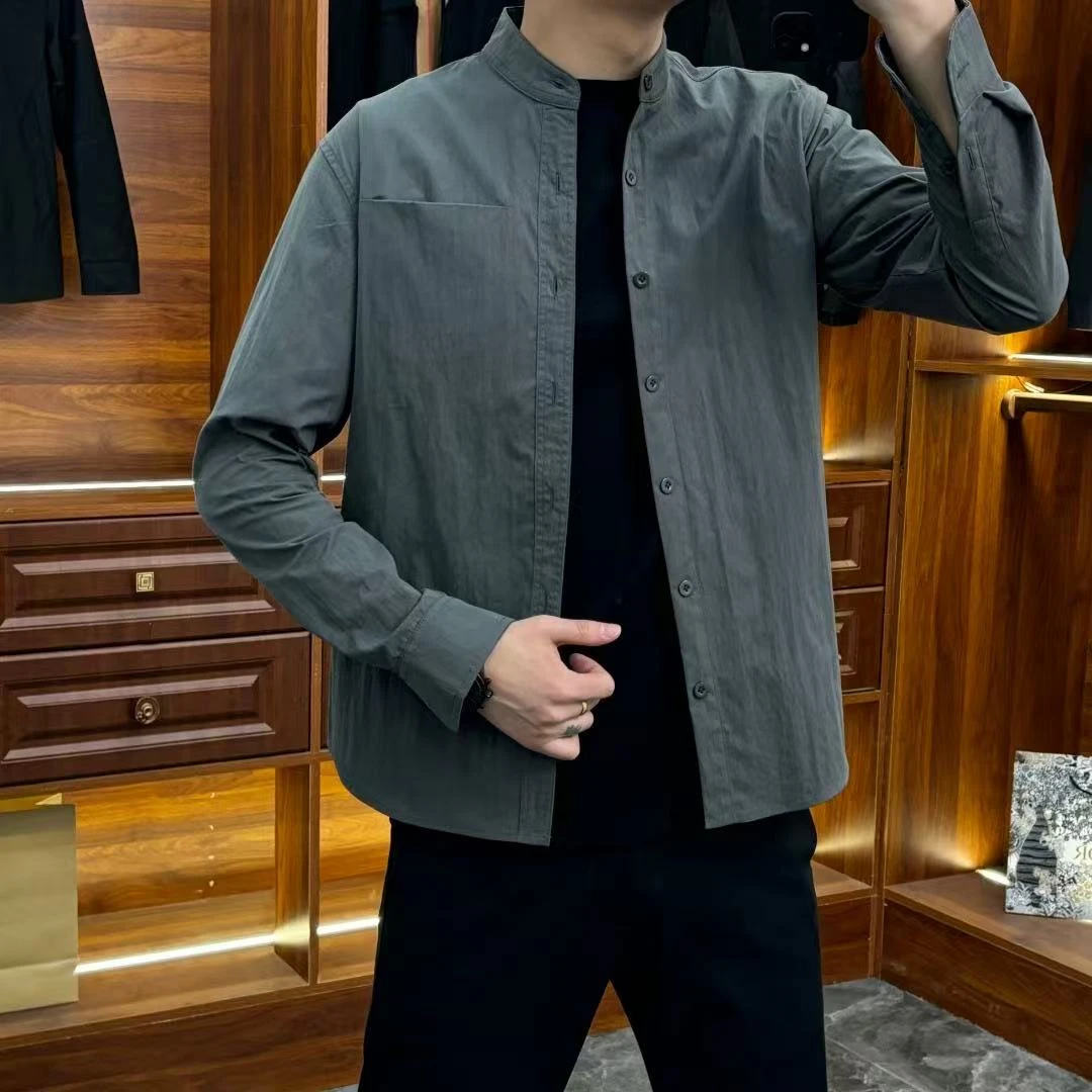 秋季新款高档男士衬衫时尚简约纯色百搭休闲长袖衬衣宽松潮流上衣