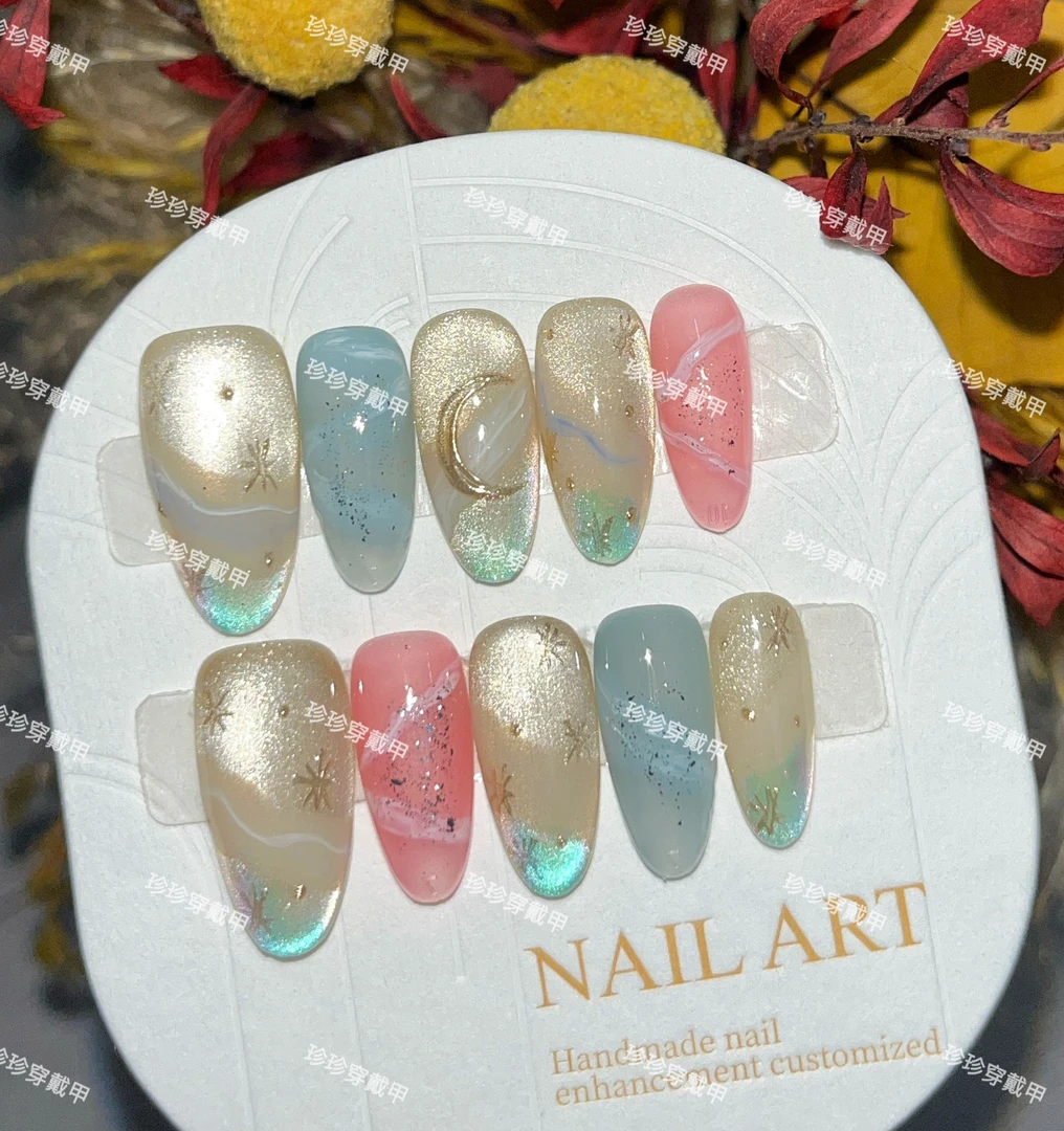 【星月图腾】珍珍手工穿戴甲小众ins风星月元素猫眼晕染可拆卸美甲