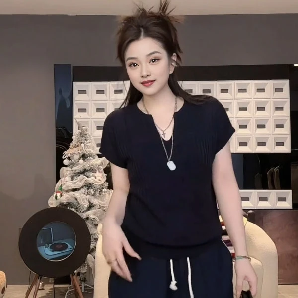 大码胖mm法式气质半开领针织衫短袖T恤女夏季2025超好看上衣