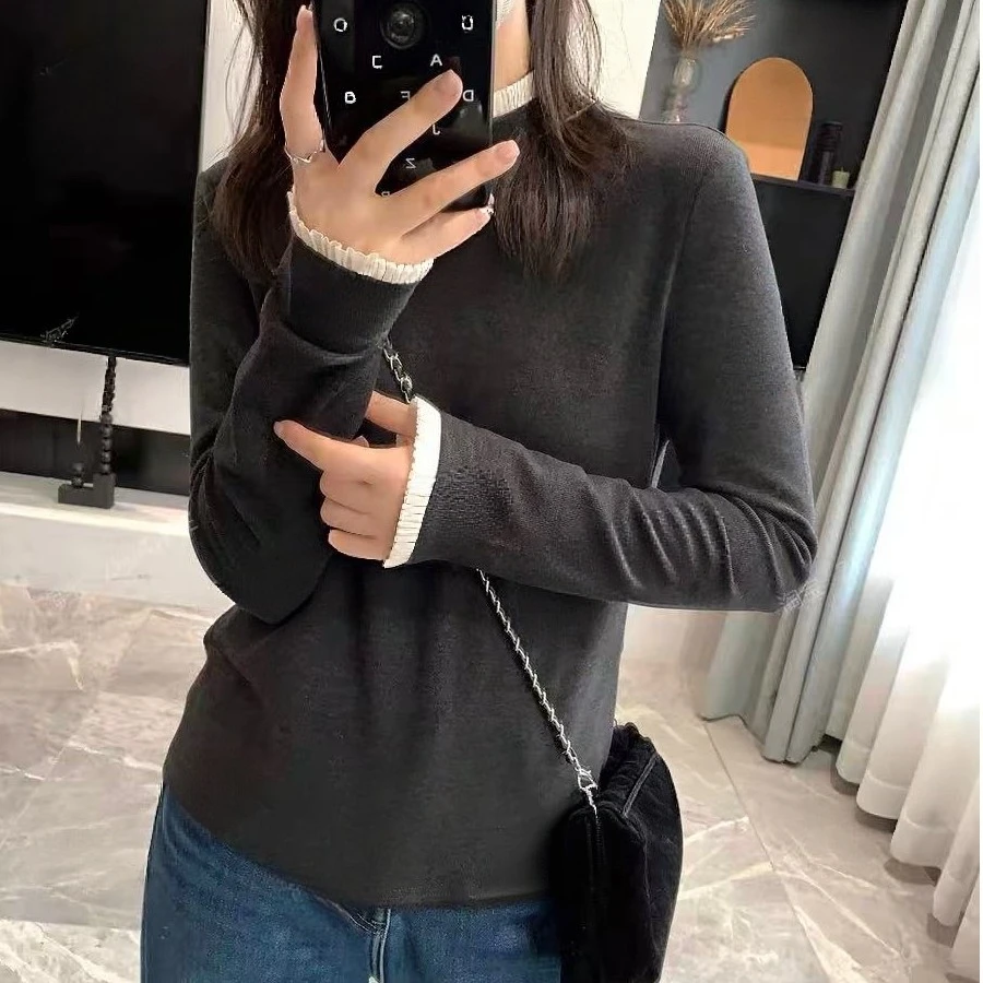 【褚培培自制】CHUPEIPEI/秋冬加绒风琴褶花边拼色气质纯色系打底女