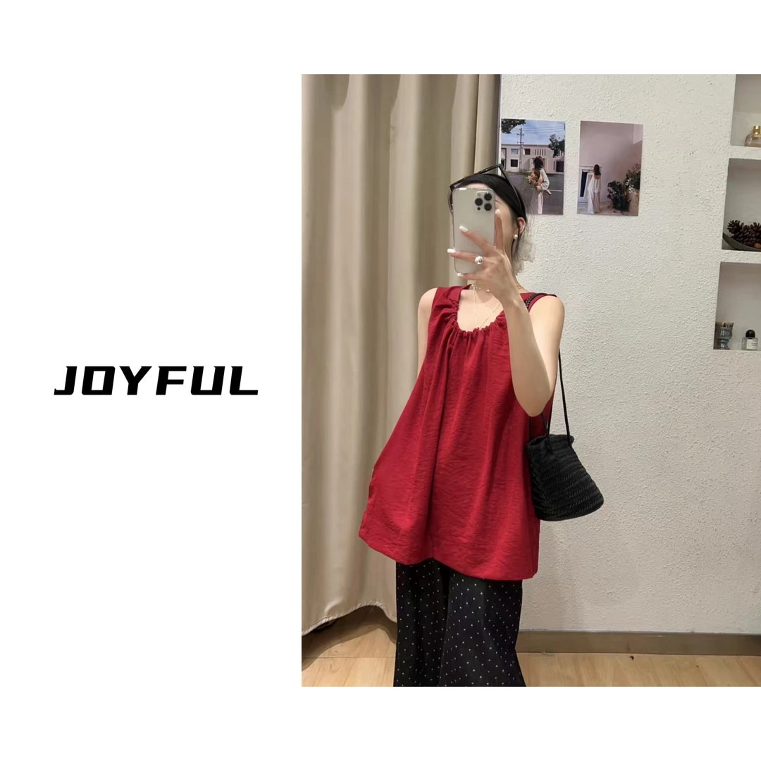 LELE-【小辣椒】夏季新款棉麻褶皱背心无袖衬衫简约气质