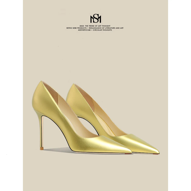 真皮高跟鞋女2025年新款荧光黄御姐性感尖头细跟高级感配裙子单鞋