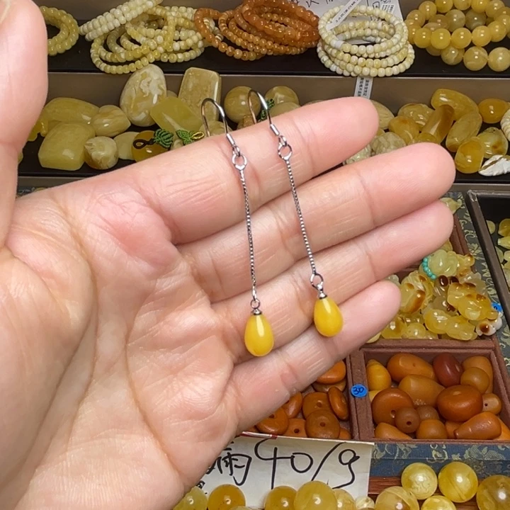 蜜蜡未镶嵌珠宝奇石天然蜜蜡铜镶嵌耳环