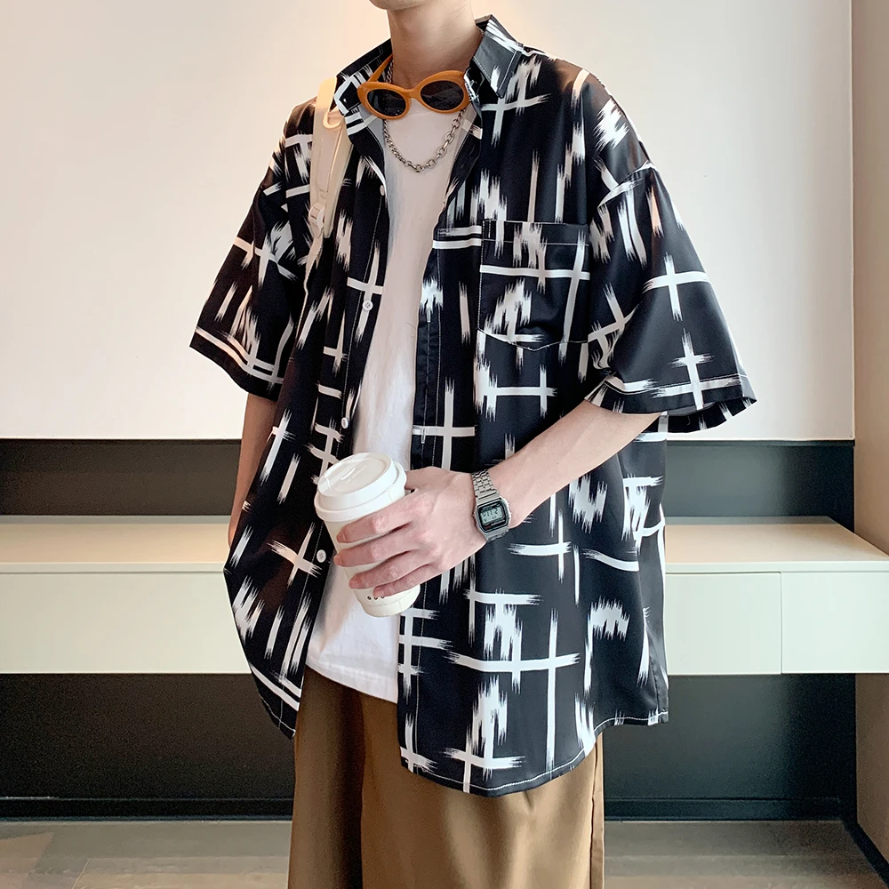 宽松港风度假短袖衬衫男冰丝薄款花衬衣痞帅潮流户外休闲复古大码