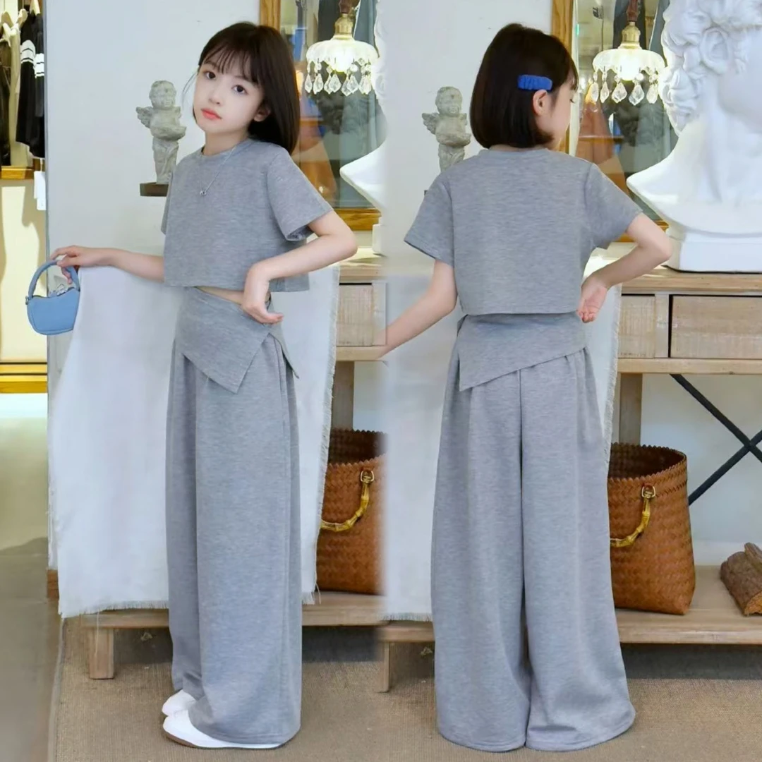 女童高级感运动套装夏中大童不规则露腰遮肉显瘦短袖t恤阔腿裤酷6