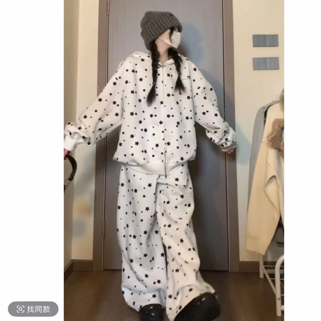 (雯雯子推荐)星星印花兔耳朵连帽卫衣外套+阔腿裤甜美宽松套装