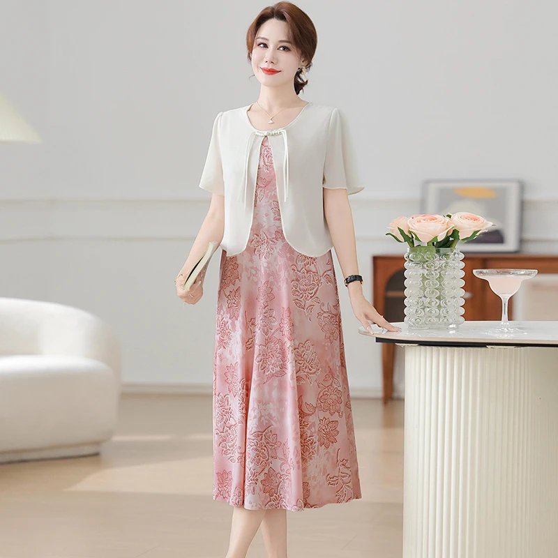 气质假两件短袖荷叶边裙印花裙子不规则裙中老年女装显瘦蕾丝夏季