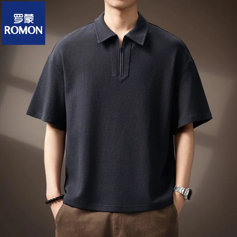 罗蒙华夫格重磅肌理感短袖Polo衫男拉链领夏季新款宽松翻领T恤男