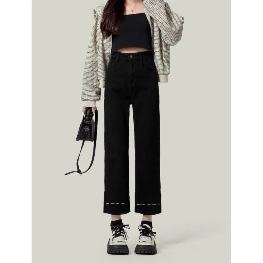 2025微胖大码黑色小直筒牛仔裤女显瘦高腰新款春季大码九分阔腿裤