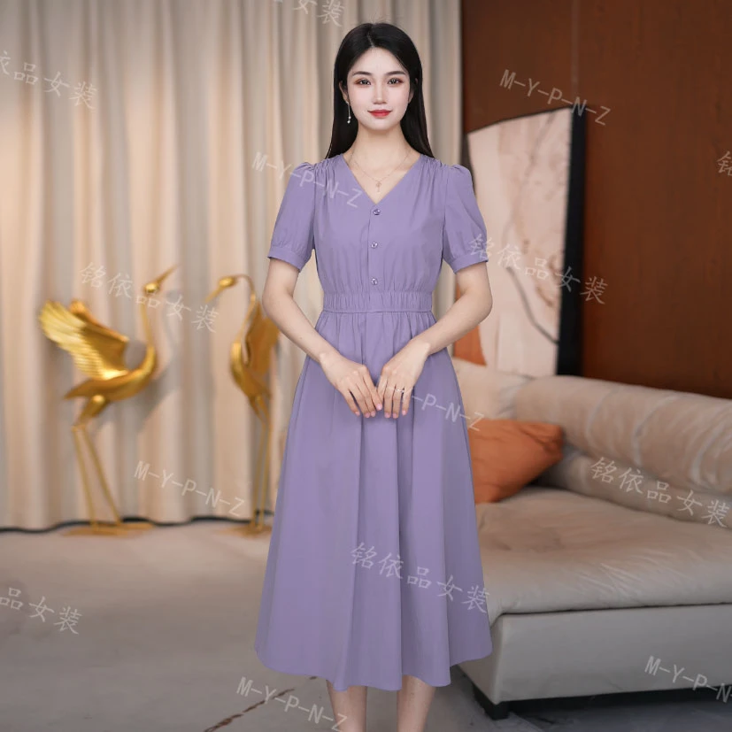 X短袖夏季法式常规连衣裙浅色裙子收腰复古气质时尚款连衣裙