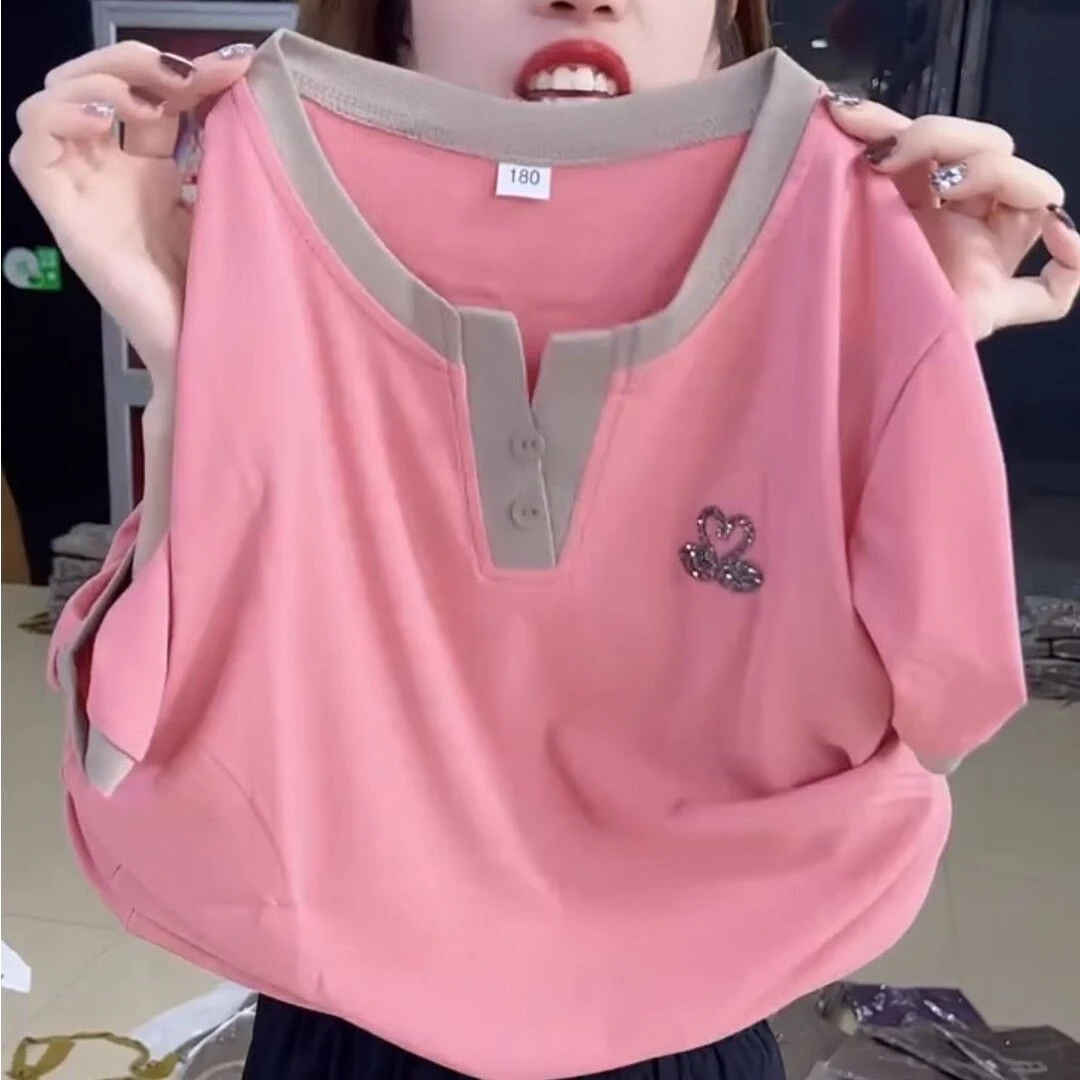 840粉色夏季新款短袖t恤女时尚洋气百搭减龄圆领拼色上衣体恤衫