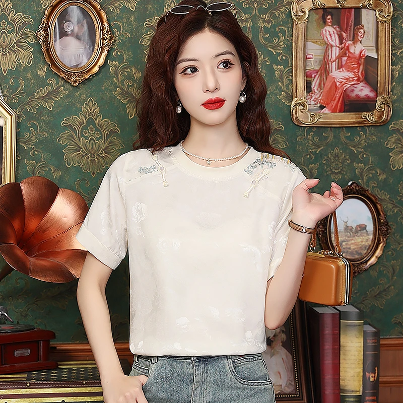 新中式国风短袖t恤女夏季2025新款时尚复古提花显瘦衬衫洋气小衫