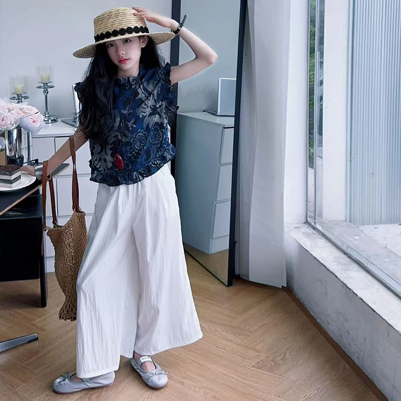 新中式女童套装2025新款夏汉服复古中国风碎花无袖上衣宽松阔腿裤