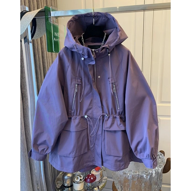 5284春装高级感休闲运动拉链连帽工装风衣宽松时尚冲锋衣中长外套