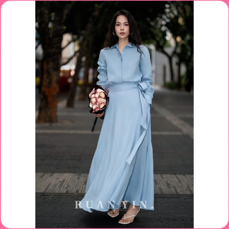 阮音清爽夏日天蓝色亚麻套装女级感气质防晒休闲衬衫半裙两件套女