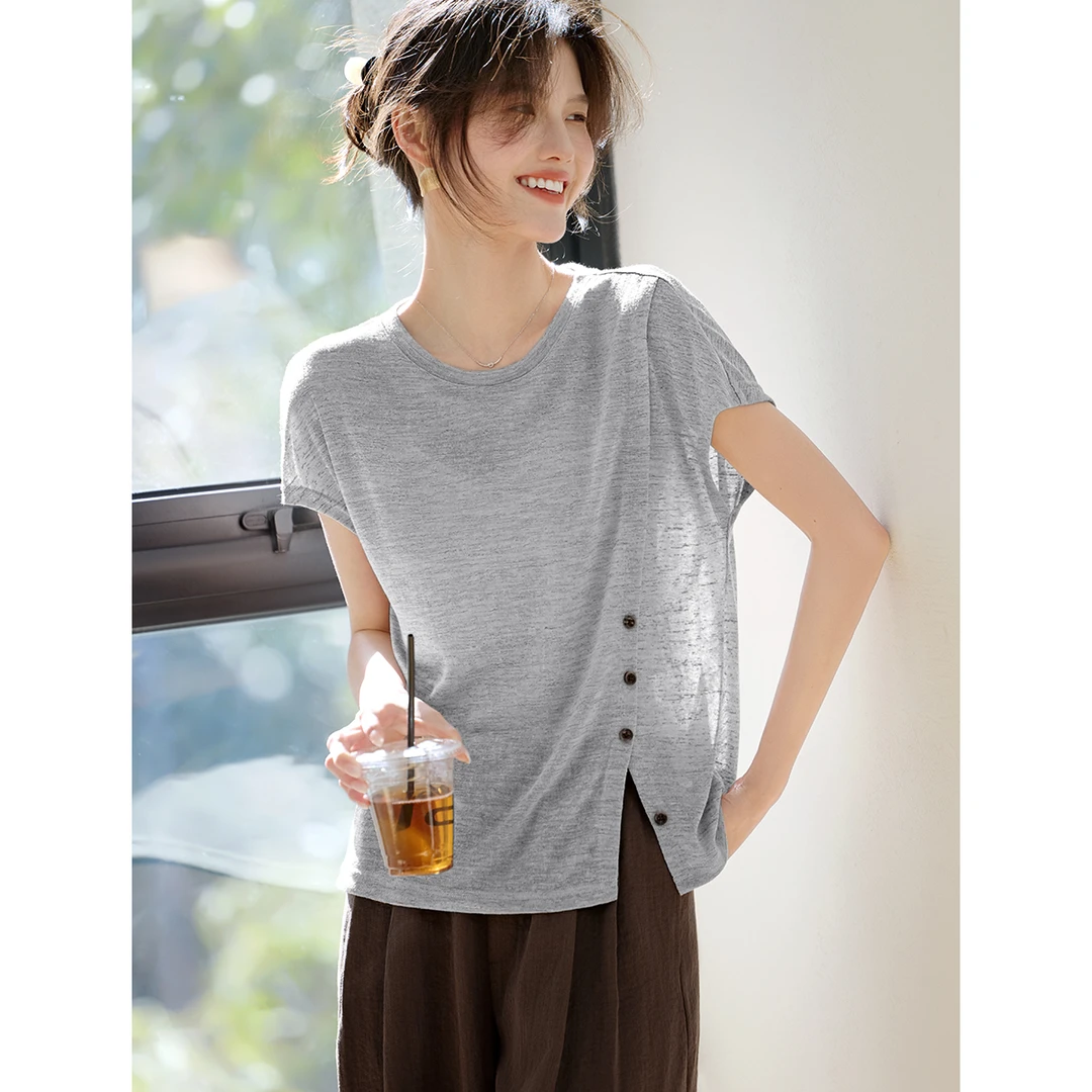 XWI/欣未松弛感T恤2025夏季新款圆领透气不规则下摆T恤上衣4335