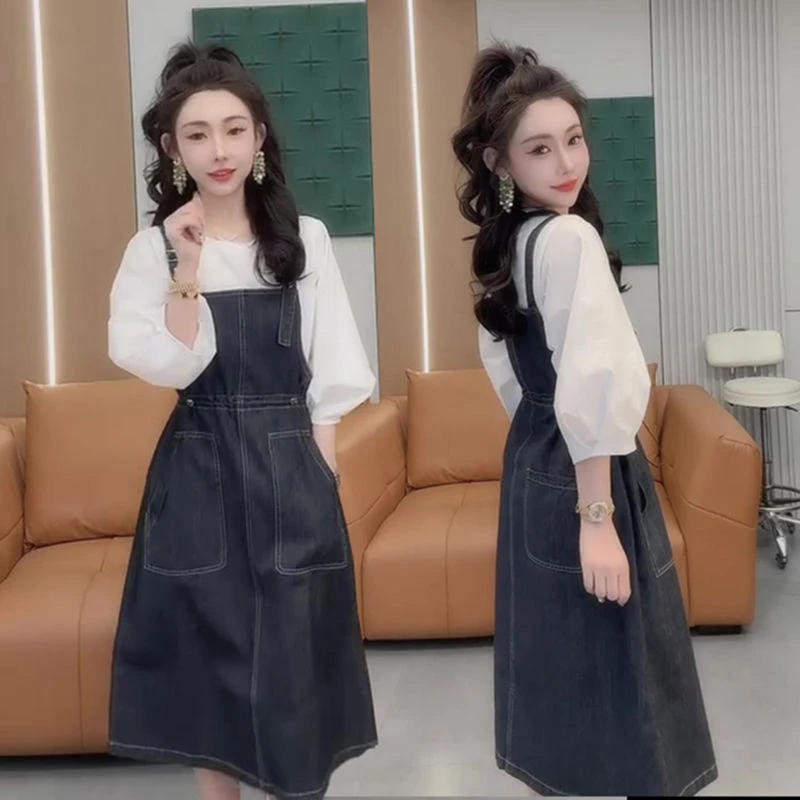 春夏新款洋气减龄时尚套装女休闲百搭牛仔背带裙连衣裙显瘦两件套