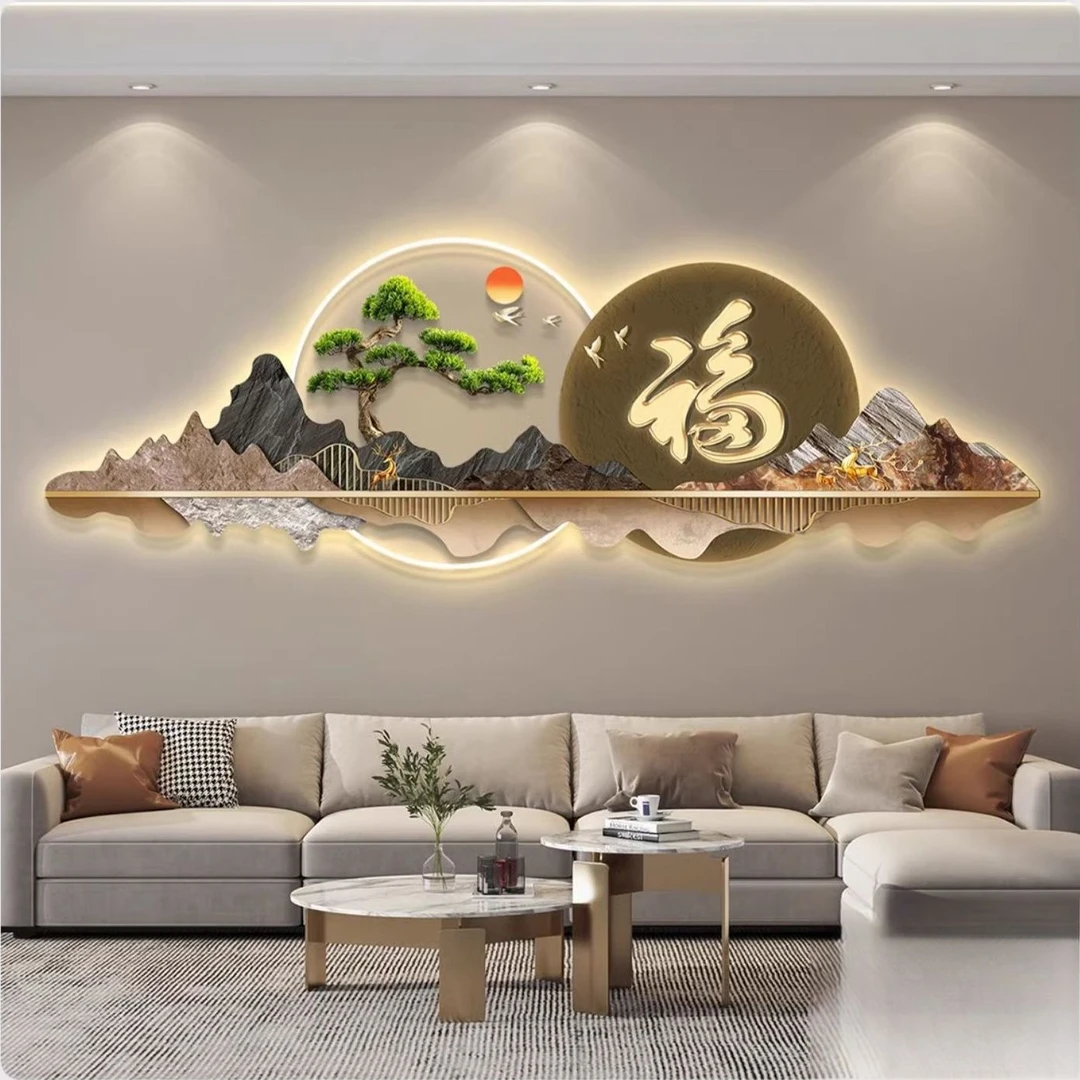 九鱼图led带灯轻奢客厅装饰画沙发背景墙挂画壁画简约现代高级感