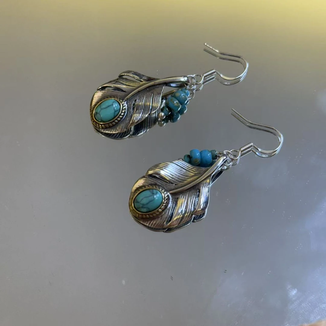 足银耳饰 LZ3222-1清水蓝松松羽毛吊坠耳环