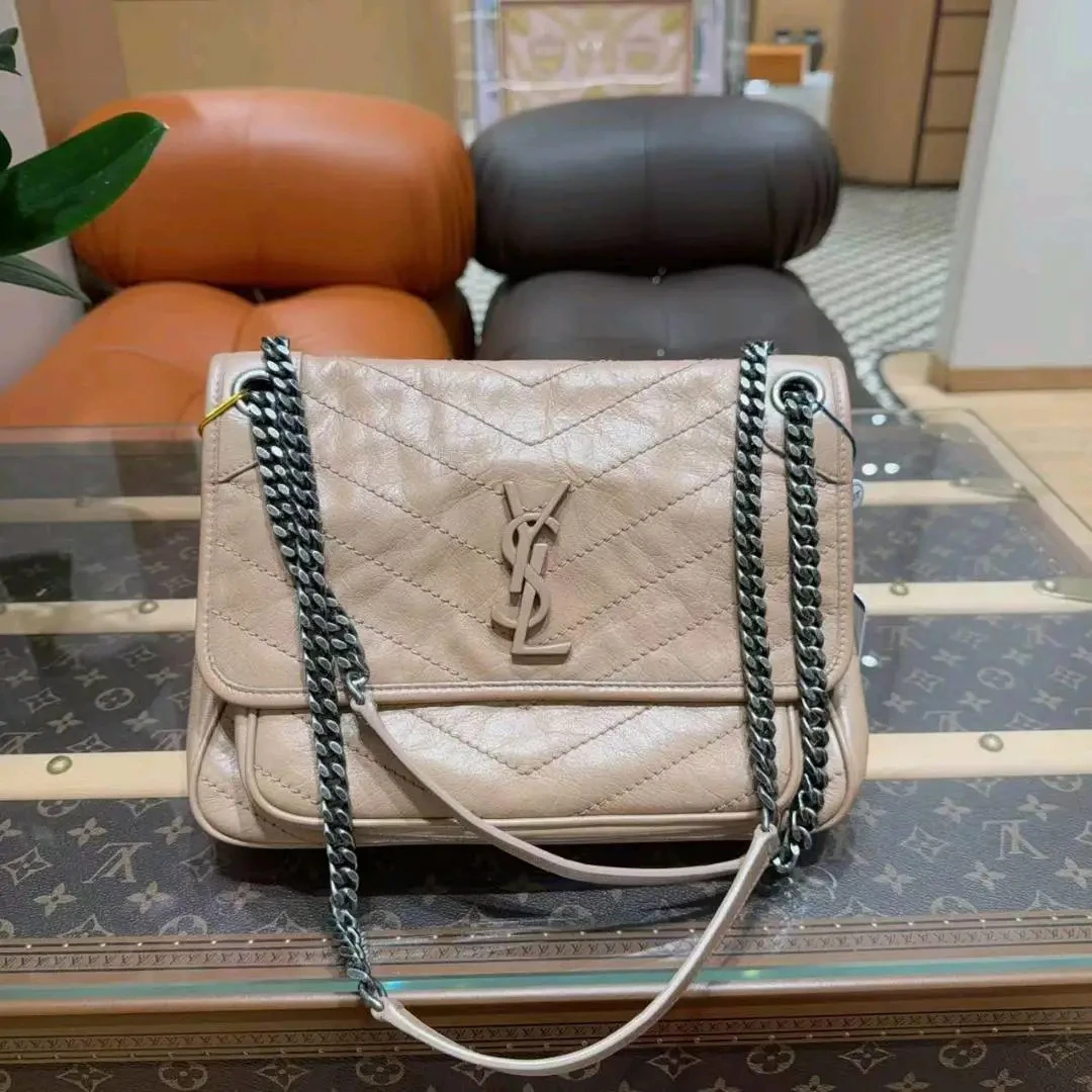 99新 YSL/圣罗兰 Saint Laurent 圣罗兰 YSL 油蜡皮niki 奶茶色