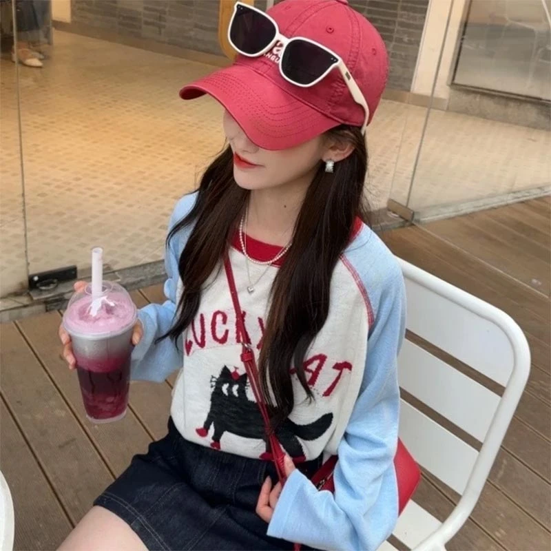 设计感百搭圆领针织衫女2025年春秋新款慵懒风撞色插肩袖长袖上衣